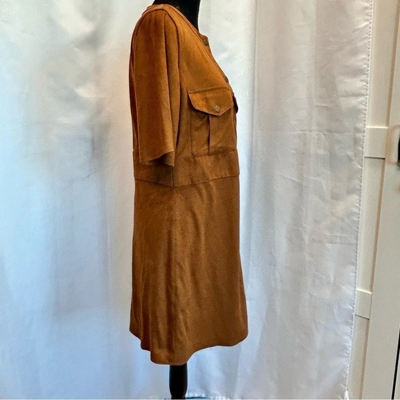 Zara Camel Brown faux suede short sleeve button front mini dress L - Picture 7 of 15